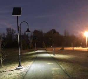 Solar pathway light illuminating a walking path