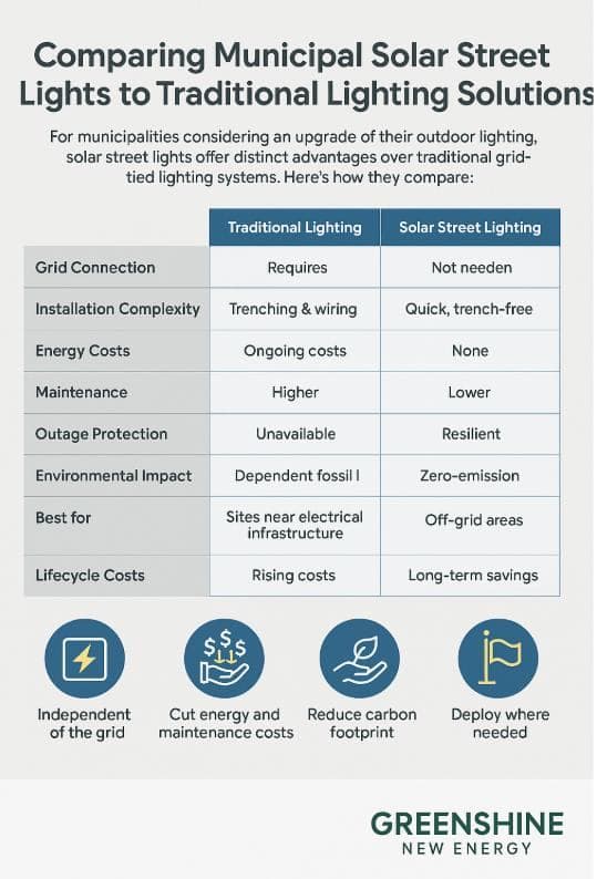 Row of municipal solar street lights compared against traditional grid-tied street lighting