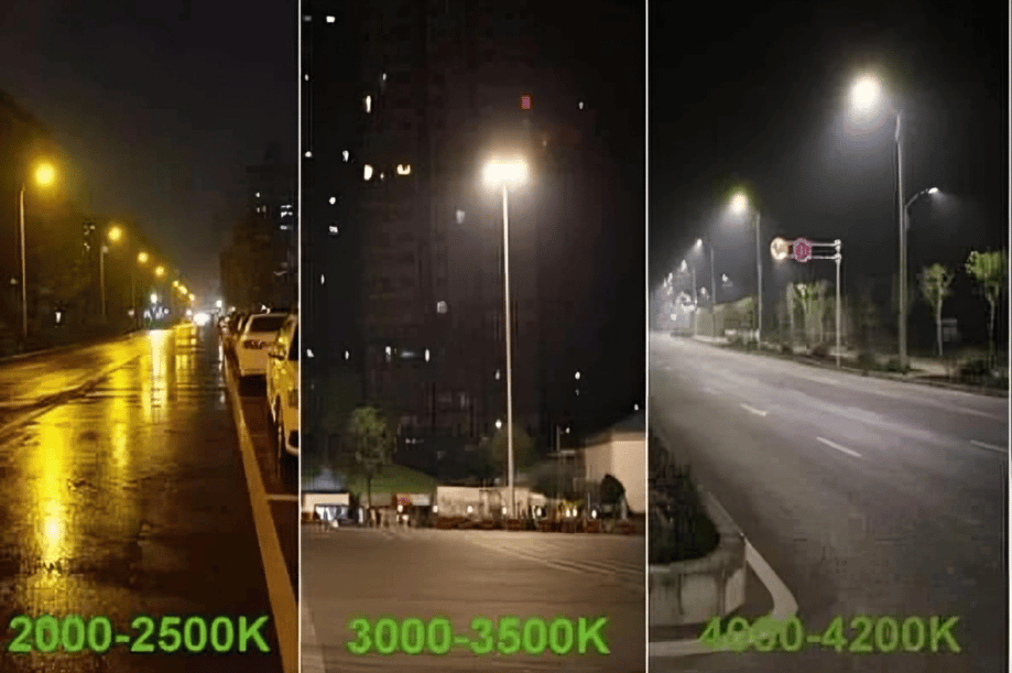 Comparison of LED color temperatures on a street at night