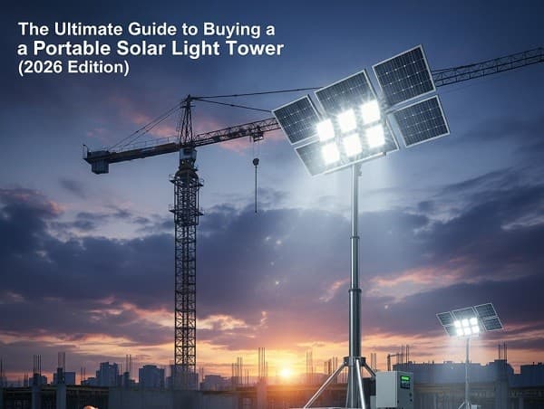 Portable solar light tower deployed at dusk