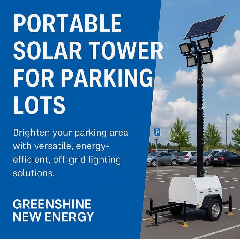 Portable solar light tower illuminating a parking lot
