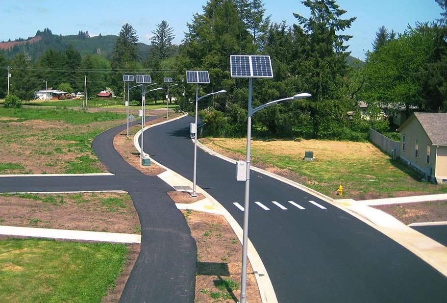 Solar street light glowing at night