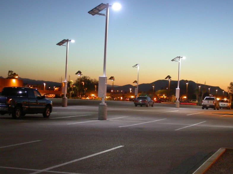 LED commercial solar parking lot lighting at dusk